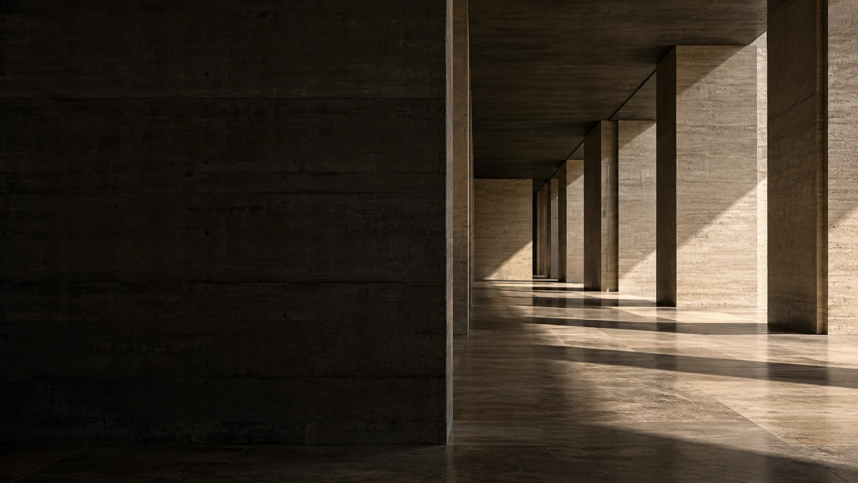 Arquitetura contemporânea em concreto e pedra, com luz e sombras geométricas